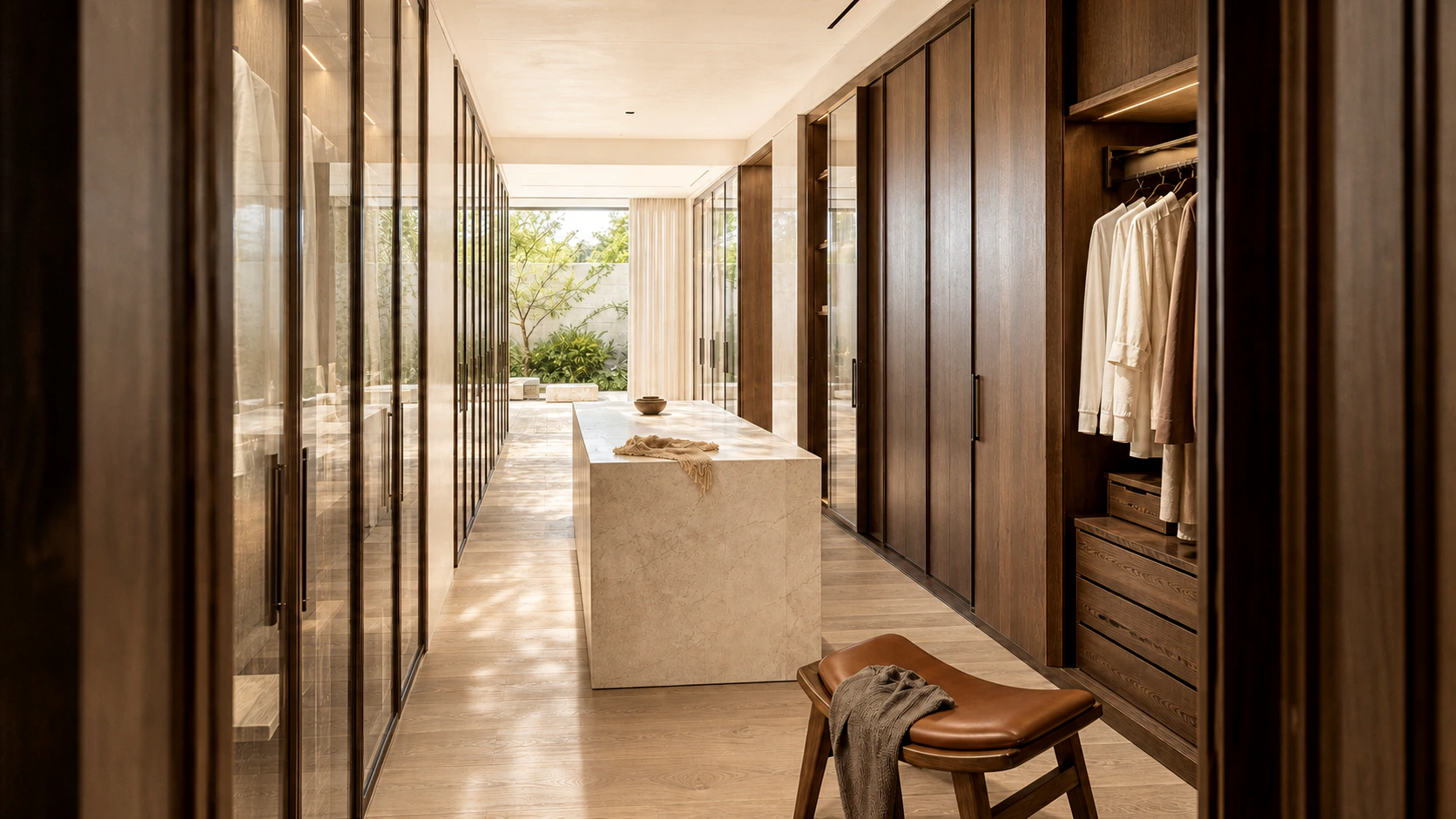 Gallery-like dressing room with bespoke walnut and bronze glass wardrobes