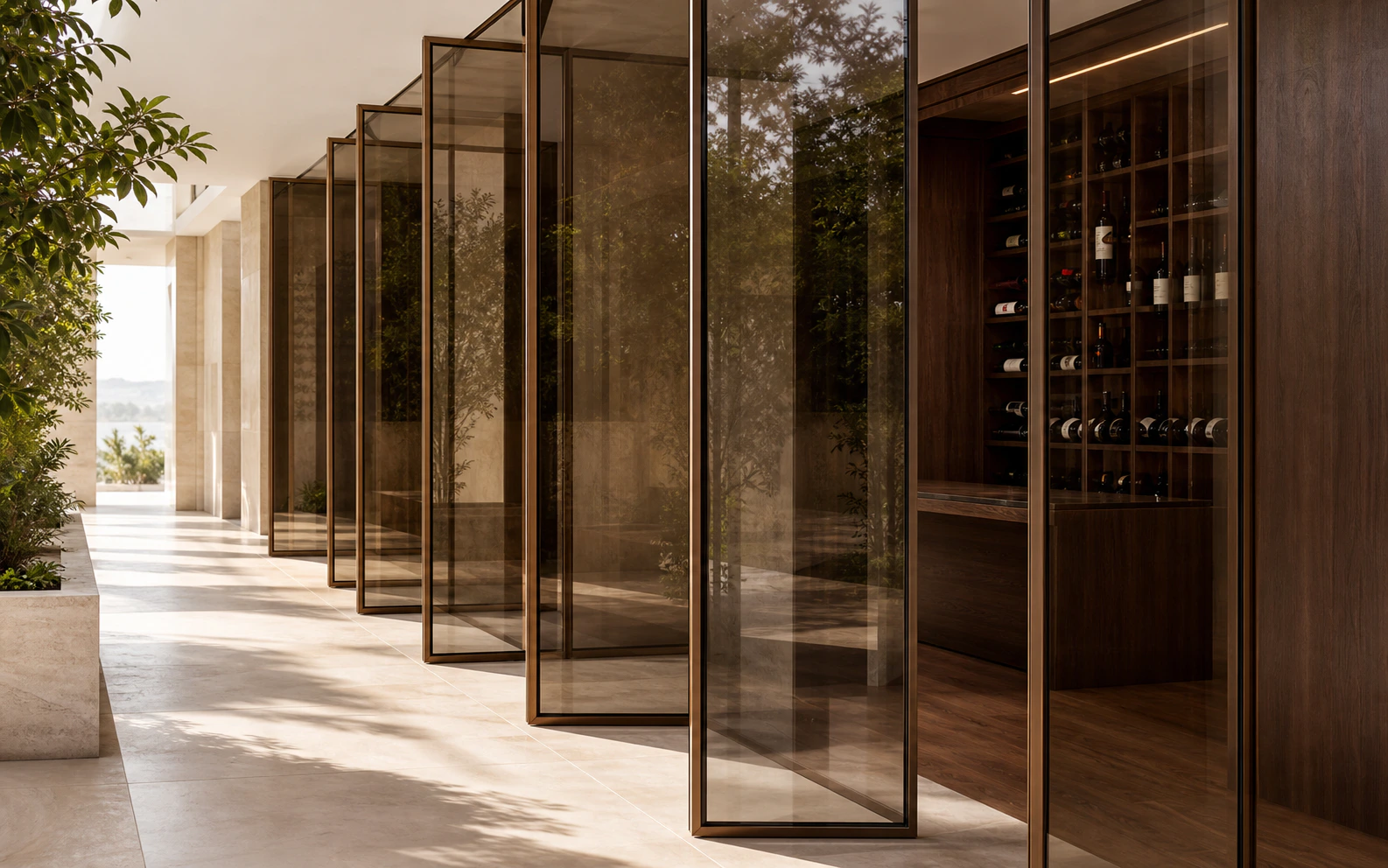 Framed smoked bronze glass screens enclosing a walnut wine archive